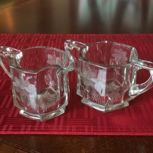 Vintage Etched  Glass Creamer & Sugar Set